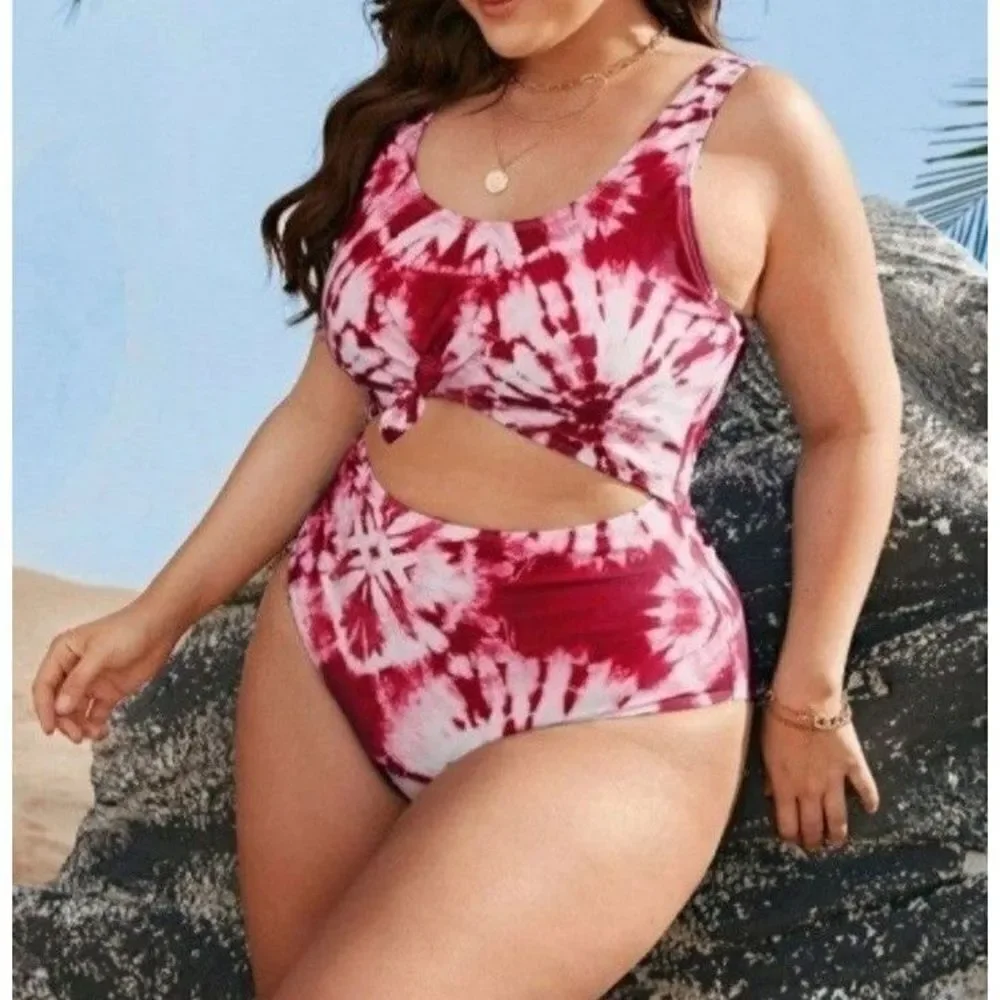 Plus Size Tie Dye Cut Out Knot Front One Piece Swimsuit sz 0X